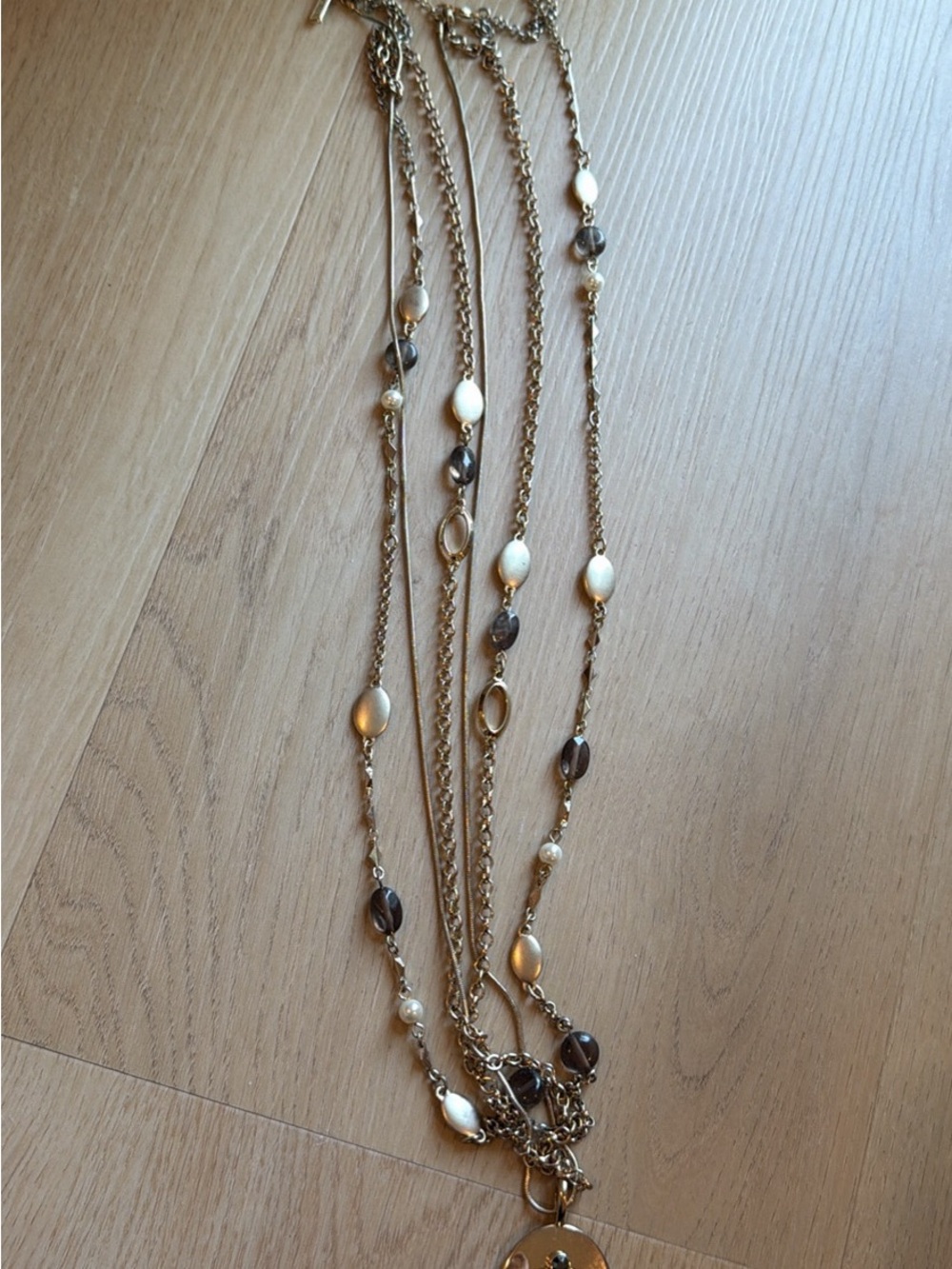 Layered Gold-Tone Multi-Bead Necklace in White and Brown